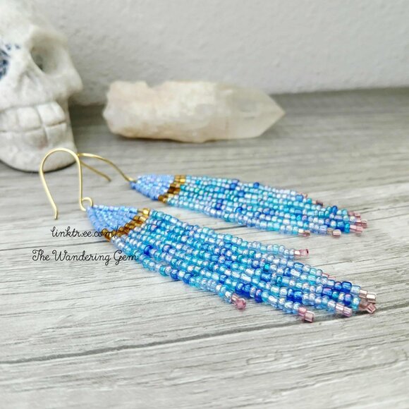 Boho Beaded Fringe Cascade Shoulder Duster Dangle Earrings, Blue & Gold 3.5" - Picture 7 of 10